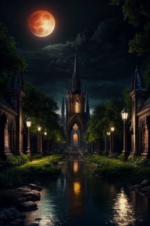 (masterpiece, best quality, high quality, highres, ultra-detailed), (dark fantasy:1.3) , a mystical port city with many gothic cathedral and waterfalls and a lush vegetation and fountains and a beautiful view of the landscape by Raymond Swanland, a red moon in the background, trending on devianart , gothic , medival , dark theme