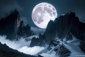 big moon in the background, dark mountain top, very tall dark mountain range, dark jungle at the feet of the mountain, piercing clouds and sky above, devilish aura, mysterious dark fantasy, black mist, rugged mountain, dangerously tall and straight, dangerously snowy mountain top,day,KnollingCaseQuiron style, (((((dark fantasy))))), ultra realistic, 8k, (((luminance))) ,Science Fiction,GlowingRunes_
