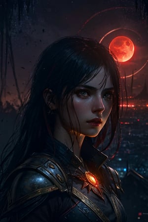 fantasy world with red moon, reddish atmosphere,  city background ((dark background:1.2)),((night view:1)),((light bokeh)),detailed, sharp focus, photo by greg rutkowski, soft lighting, (masterpiece), (detailed face:1.2),highly detailed,best quality,16k,