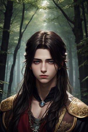 masterpiece, best quality, official art, beautiful and aesthetic),  15 year old boy, black carly long hair, black eyes, black beautiful eyeborws, stoic face, black forest background, glowing eyes and mouth, deep dark forest, ,VikingAlpha,