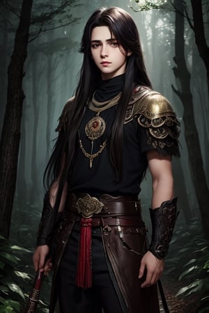 masterpiece, best quality, official art, beautiful and aesthetic),  15 year old boy, black carly long hair, black eyes, black beautiful eyeborws, stoic face, black forest background, glowing eyes and mouth, deep dark forest, ,VikingAlpha, normal dress