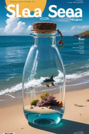  Magazine Cover for  sea animals in a glass bottle , vibrant colours, volumetric light