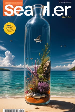  Magazine Cover for  sea animals in a glass bottle , vibrant colours, volumetric light