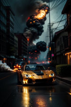 analog gloomy photo of a Burton Batmobile, racing down an avenue at night, (sparks and wheel smoke:1.5),  smoke, high speed wheel blur, city buildings on fire, outrun, explosions in the background, blurry city background, tracer gunfire, intricate, glimmer, glamour, backlit, Depth of Field, ultra detailed, rainbow, beautifully color graded, golden ratio, creative, expressive, colorful, 3D rendering, alluring, serene, masterpiece, nearing perfection