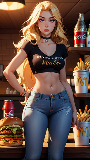 Masterpiece, eyes look away from viewer, 16k, intricate details, highest resolution, wide shot, perfect lighting, unreal engine, colorful, elaborate and detailed scene, perfect pose, most beautiful girl, very long blonde hair and wavy low top, nice breasts, wide hips, wide shot, hamburger, fries, coke, McDonald's bokeh background, t-shirt, choker, jeans, Sam Yang