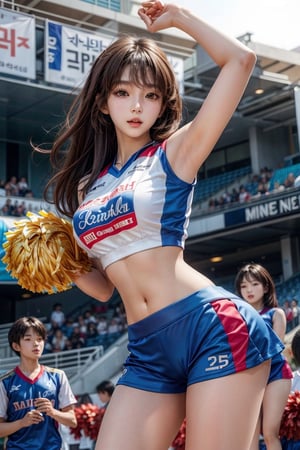 16 years old,beautiful young Korean girl,1 girl,cheerleader,cheerleader dynamic pose,looking at viewer,facing viewer,realistic,real life,high resolution,full body,detailed face,detailed eyes,normal round chest,Nudity,Big breasts