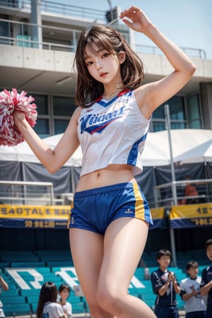 16 years old,beautiful young Korean girl,1 girl,cheerleader,cheerleader dynamic pose,looking at viewer,facing viewer,realistic,real life,high resolution,full body,detailed face,detailed eyes,normal round chest,Nudity