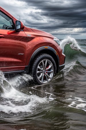 Close-up macro a high-speed shot of a red chrome car on sea waves during a storm, ominous waves, rain, ominous sky, highly detailed, epic, high quality, close-up, brilliant colors, sharp details, HD, extremely detailed, aesthetic, concept art, ultra-fine details, breathtaking, 8k resolution, sharp focus