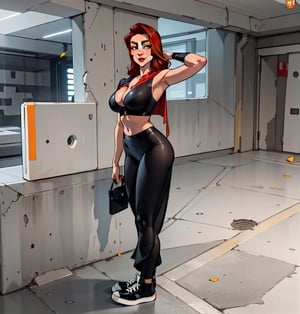 Sexy girl, sensual pose, pale skin, big boobs, huge boobs, bursting breast, big eyes, red hair, big boobs sticking out of the top, , mischievous and winking smile, bright color illustration, 2D, cartoon style, SAM YANG, Balsamique, SAM YANG,SAM YANG,Atom Eve, cape,costume