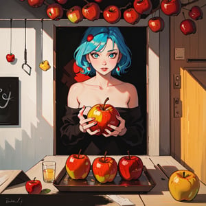 an apple cut in half and a whole apple, only apple, illustration, acrylic painting, bright colors,