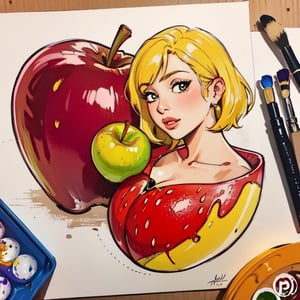 an apple cut in half and a whole apple, illustration, acrylic painting, bright colors,