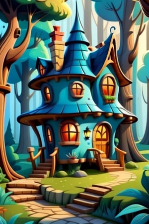 fantasy house in the woods, surrealism, 2D, cartoon style, the style of Disney,sticker