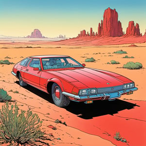  a red chrome car in the middle of the desert, Jean Giraud ((Moebius style)), line ink illustration, highly detailed, ink sketch,ink Draw,Comic Book-Style 2d,2d, pastel colors,intricate masterpiece, 