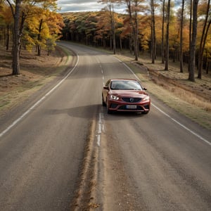 Close-up macro a high-speed shot of a red chrome car  in a forest in autumn, ominous sky, highly detailed, epic, high quality, close-up, brilliant colors, sharp details, HD, extremely detailed, aesthetic, concept art, ultra-fine details, breathtaking, bright colors, cartoon style, pictorial art, high quality, 8k resolution, sharp focus.
