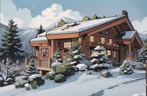 Mountain cottage in snowy landscape, disney style, illustration style