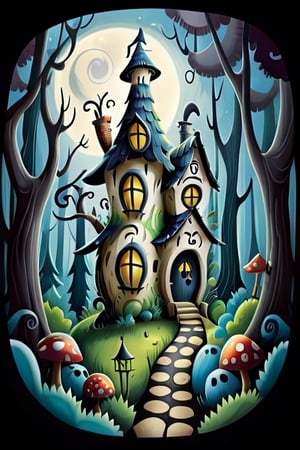 H
ouse in the woods, surrealism, 2D, cartoon style, the style of Disney,sticker,Tim Burton Style