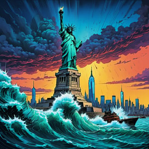 Apocalyptic scene of a tsunami hitting NYC skyscrapers, the “statue of liberty” on the high seas during a storm, dramatic sky, ominous waves, rain, threatening sky, highly detailed, epic, high quality, bright colors, sharp details, HD, bright colors, breathtaking, aesthetic, concept art, breathtaking, 8k resolution,
