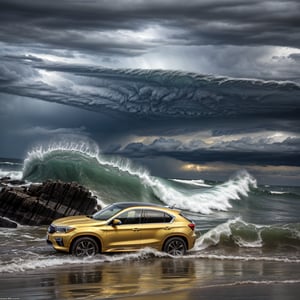 Close-up a high-speed shot of a yellow chrome car on sea waves during a storm, ominous waves, rain, ominous sky, highly detailed, epic, high quality, close-up, brilliant colors, sharp details, HD, extremely detailed, aesthetic, concept art, ultra-fine details, breathtaking, 8k resolution, sharp focus