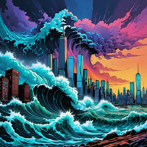 close- up apocalyptic scene of a tsunami crashing into NYC skyscrapers, in the background topped by giant waves during a storm, dramatic sky, ominous waves, rain, threatening sky, highly detailed, epic, high quality, bright colors, sharp details, HD, bright colors, breathtaking, aesthetic, concept art, breathtaking, 8k resolution,
