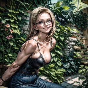 Sexy woman, sensual pose, pale skin, big boobs, huge boobs, bursting breast, big eyes, , boobs sticking out of the top, reading glasses, mischievous and winking smile, bright color illustration, 2D, cartoon style,Android_18_DB