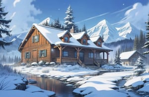 Mountain cottage in snowy landscape, disney style, illustration style,chica anime 