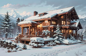 Mountain cottage in snowy landscape, disney style, illustration style