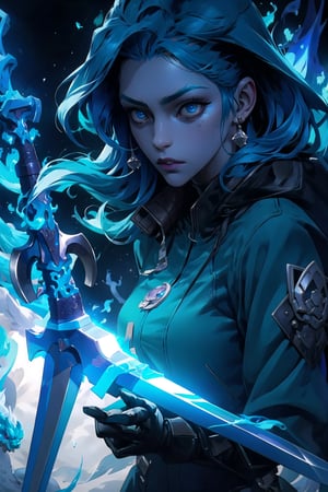 1girl, hd, detailed, futuristic, masterpiece, axe,black parka, complex_background, detailed face, (beautiful detailed eyes), High contrast, (best illumination, an extremely delicate and beautiful), warzone, blue flames, glow, glowing weapon, light particles, (((long blue hair))), gray clouds behind, hard cloth, long axe, scenery, white dragon, GREEN FIRE, BLUE FIRE, PURPLE FIRE,