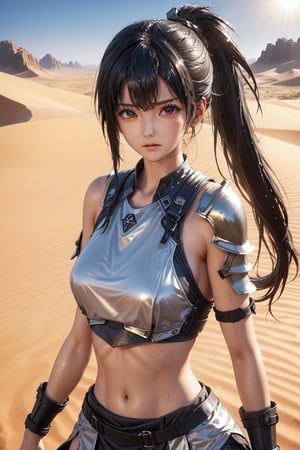 (8K,masterpiece, best quality) 1 girl, beautiful fighting heroine, long black ponytail hair, exposed_sideburns, messy_bangs, wet_hair, glistening_face, shiny_face, glistening_skin, shiny_skin, midriff_armor, exposed_arms, revealing_clothes, scorching desert, very hot temperature, summer, afternoon, sun in the background, dwarfoil,facial expression, heavy_breathing, huffing, panting, out of breath, looking_at_viewer, more detail XL