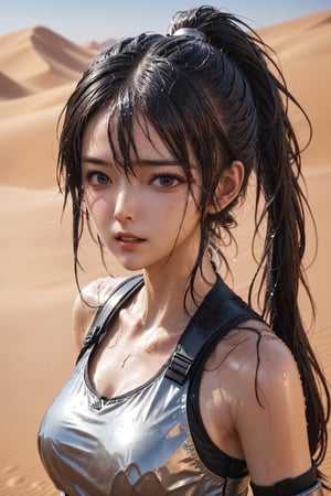 (8K,masterpiece, best quality) 1 girl, beautiful fighting heroine, long black ponytail hair, exposed_sideburns, messy_hair, wet_hair, wet_face, exposed_forehead, sweaty, glistening_face, shiny_face, glistening_skin, shiny_skin, skin-tight_armor, dented_skin, exposed_navel, exposed_arms, dwarfoil,facial expression, heavy_breathing, huffing, panting, out of breath, looking_at_viewer, more detail XL, desert, sahara, very_hot_temperature.,dripping sweat from sideburns,