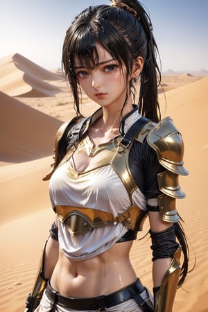 (8K,masterpiece, best quality) 1 girl, beautiful fighting heroine, long black ponytail hair, exposed_sideburns, messy_hair, wet_hair, wet_face, exposed_forehead, sweaty, glistening_face, shiny_face, glistening_skin, shiny_skin, golden_armor, sexy_armor, exposed_navel, exposed_arms, dwarfoil,facial expression, heavy_breathing, huffing, panting, out of breath, looking_at_viewer, more detail XL, desert, sahara, attractive pose, very_hot_temperature.,dripping sweat from sideburns, view_from_back
