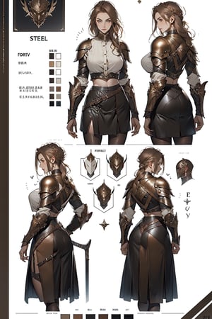 warrior woman, multiple views, character sheet style, front and back view, perfect hips, perfect breast, beautifull face, focus, intrincated leather armor, viking style armor, leather and Steel armor, light brown hair colors, random hair style