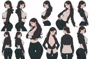 beautifull  woman, various pose, dark blonie woman, (( mature woman), adult ilustration), front view, various views, back views, beautifull face, character sheet style, character sheet ilustration, flat background, white background, green eyes,  smiling, side view, random hair style, long hair cut, perfect breast, perfect hips, rounded hips, urden style, balanced body, various poses, yoga pants, long hood cover, long sleaves, shirt, open shirt, neckline