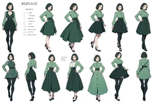 beautifull  woman, various pose, mature woman, adult ilustration, front view, various views, back views, beautifull face, character sheet style, character sheet ilustration, flat background, white background, green eyes,  smiling, full body, side view, random hair style, perfect breast, perfect hips, jeans, dress, mini dress