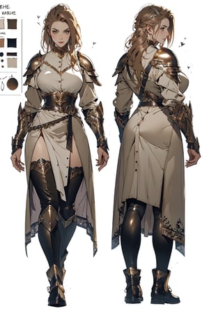 warrior woman, multiple views, character sheet style, front and back view, perfect hips, perfect breast, beautifull face, focus, intrincated leather armor, viking style armor, leather and Steel armor, light brown hair colors, random hair style