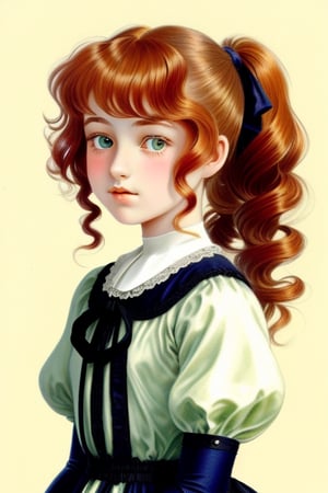 ginger pre-teen girl curly hair 1905 fashion,  two pony tails
