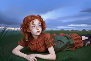 ginger 12 yo girl curly hair 1908 fashion, dark green dress, laying in the grass in an open field under a clowdy sky, arms crossing