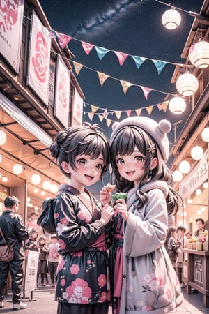 3d,1boy and 1girl, brown eyes,brown hair,korean,Create a picture of two kids organizing a vibrant New Year's street fair, with stalls selling treats, games, and colorful decorations lining the streets, happy, smiling, eye contact viewer,