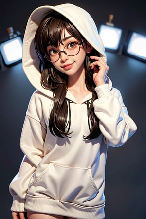 a 20 yo woman, white hoodie, glasses, brunette, Indonesian, cute face, asian, tanned skin, medium short hair, thick glasses frame, square jaw, narrow face, thin lips, natural lip, bright brown eyes,  smile open big mouth.