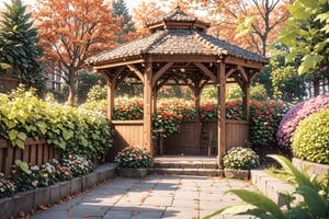 3d,Create a captivating fall garden with pathways covered in fallen leaves, vibrant flowers, and a gazebo surrounded by hanging vines and the sound of chirping birds, 