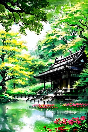 Charming, nature landscape, Wide Short, masterpiece, best quality, Art, Sketch, japan garden, Zen, 