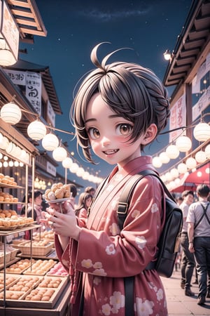 3d,1boy, brown eyes,brown hair,korean,Create a picture of a boy organizing a vibrant New Year's street fair, with stalls selling treats, games, and colorful decorations lining the streets, happy, smiling, eye contact viewer,