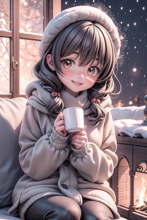 3d,1girl, brown eyes,brown hair,korean,Create a cozy image of a girl sitting by a fireplace, sipping hot cocoa, and watching the fireworks through a window, with snow falling gently outside, happy, smiling, eye contact viewer,
