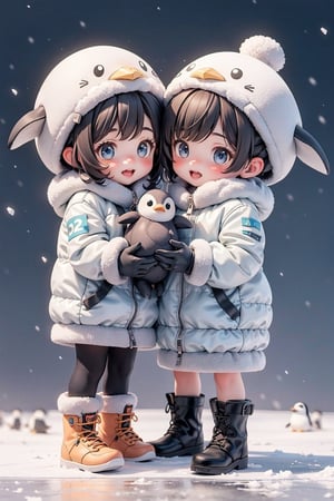 3d, 1boy and 1girl, A group of very adorable baby penguins huddled together, their fluffy feathers keeping them warm in the icy Antarctic, standing,wear boots, wear gloves,