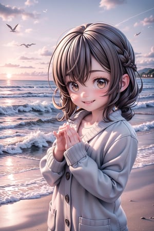 3d,1girl, brown eyes,brown hair,korean,watching the sunset on a secluded beach, with the waves gently seagulls in the background, happy, smiling, eye contact viewer, morning light,