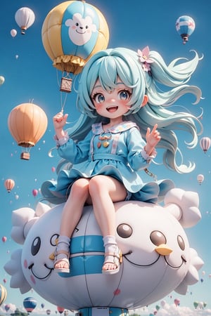 3d, 1girl and 1 boy, Whimsical papercraft hot air balloons floating in the blue sky, their intricate patterns and designs adding charm to the artwork,happiness, smiling, they are talking together,