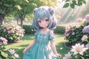 (masterpiece), scenery, sunlight, light rays, light particles, 1girl, petite, smile, looking at viewer, sundress, Create a charming anime girl background featuring a whimsical garden filled with vibrant, oversized flowers. Place the anime girl at the center of the scene, surrounded by colorful petals and leaves. Emphasize her innocence and wonder as she interacts with the enchanting floral world,happy,cute dress,