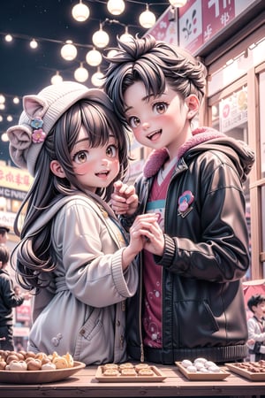 3d,1boy and 1girl, brown eyes,brown hair,korean,Create a picture of two kids organizing a vibrant New Year's street fair, with stalls selling treats, games, and colorful decorations lining the streets, happy, smiling, eye contact viewer,