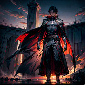 a man in a cape standing in front of a sunset, concept art , rayonism, official art, anime, dark and mysterious,r1ge,half body shot