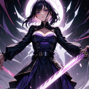 
a woman in a purple dress holding a sword, a detailed ,official art, radioactive, anime aesthetic,purple lighting on background,looking at viewer, upper body, from below, looking back,r1ge