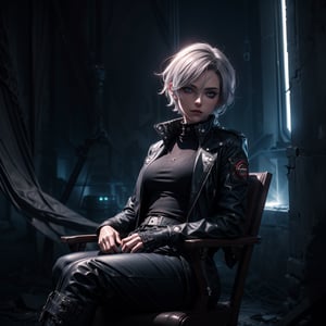 a  mature woman , sitting on a chair in a dark room, a bossy character , contest winner, sots art, darksynth, dark and mysterious backgroun,red soft light, greyish hair ,blue eyes,short hair,punk, black shinny jacket,no_humans,r1ge